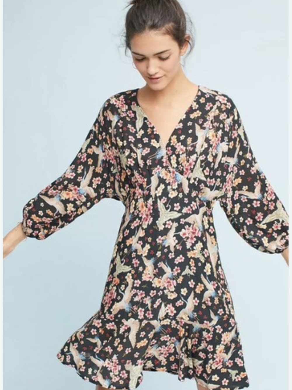 Farm Rio Anthropologie Avia V-neck Dress- Print Black with Pink & Cream